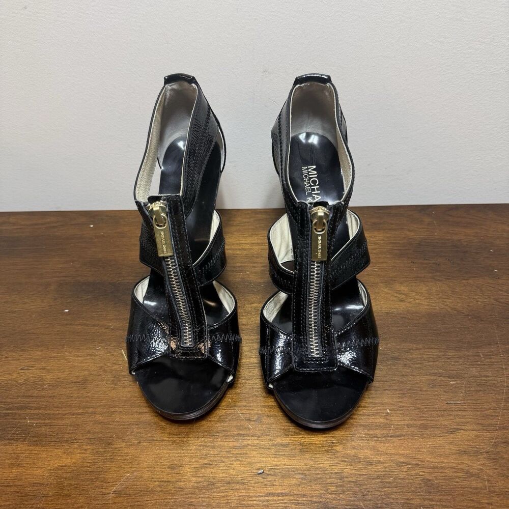 Michael Kors Berkley T Strap Zipper Open-toe Leather Black Crinkled Patent 8